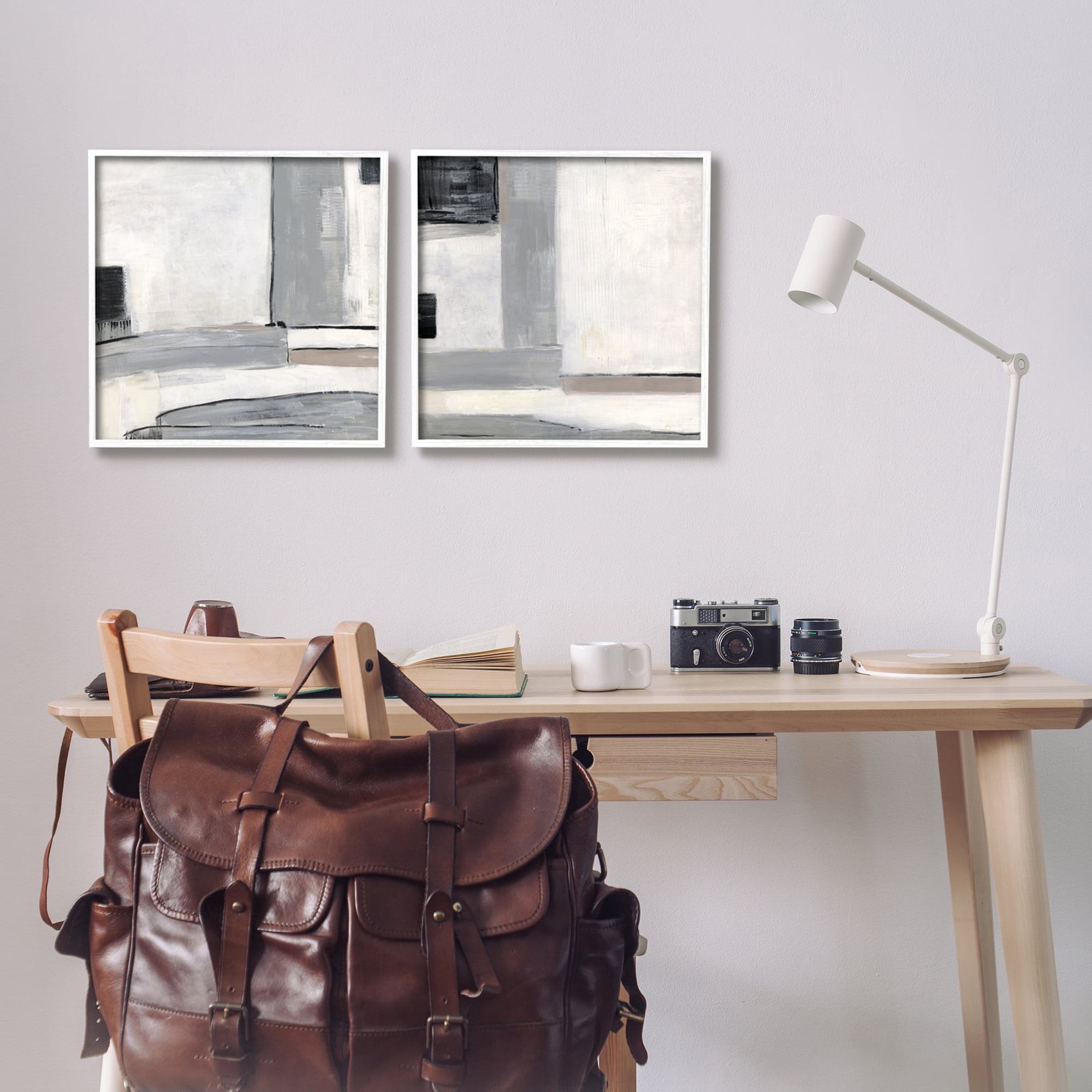 Stupell Industrial Abstract Grey Geometric Abstract Painting White Framed Art Print Wall Art, Set of 2