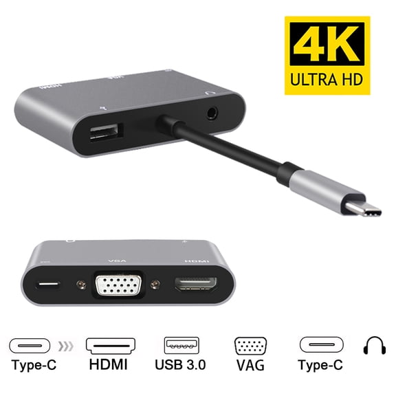 GoldCherry 5-in-1 Type C to HDMI & VGA & USB C Adapter - Dual Monitor Mini Converter Cable