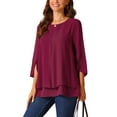 thumbnail image 4 of INSPIRE CHIC Women's Chiffon Blouse Round Neck 3/4 Sleeve Double Layered Casual Tunic Top S Wine Red, 4 of 5