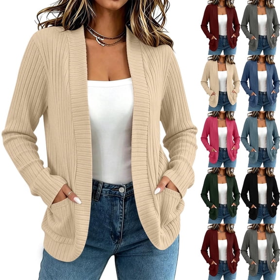 BXJX Womens Knit Cardigans, Long Sleeve Open Front Lightweight Casual Cardigan Sweaters with Pockets Khaki Size S