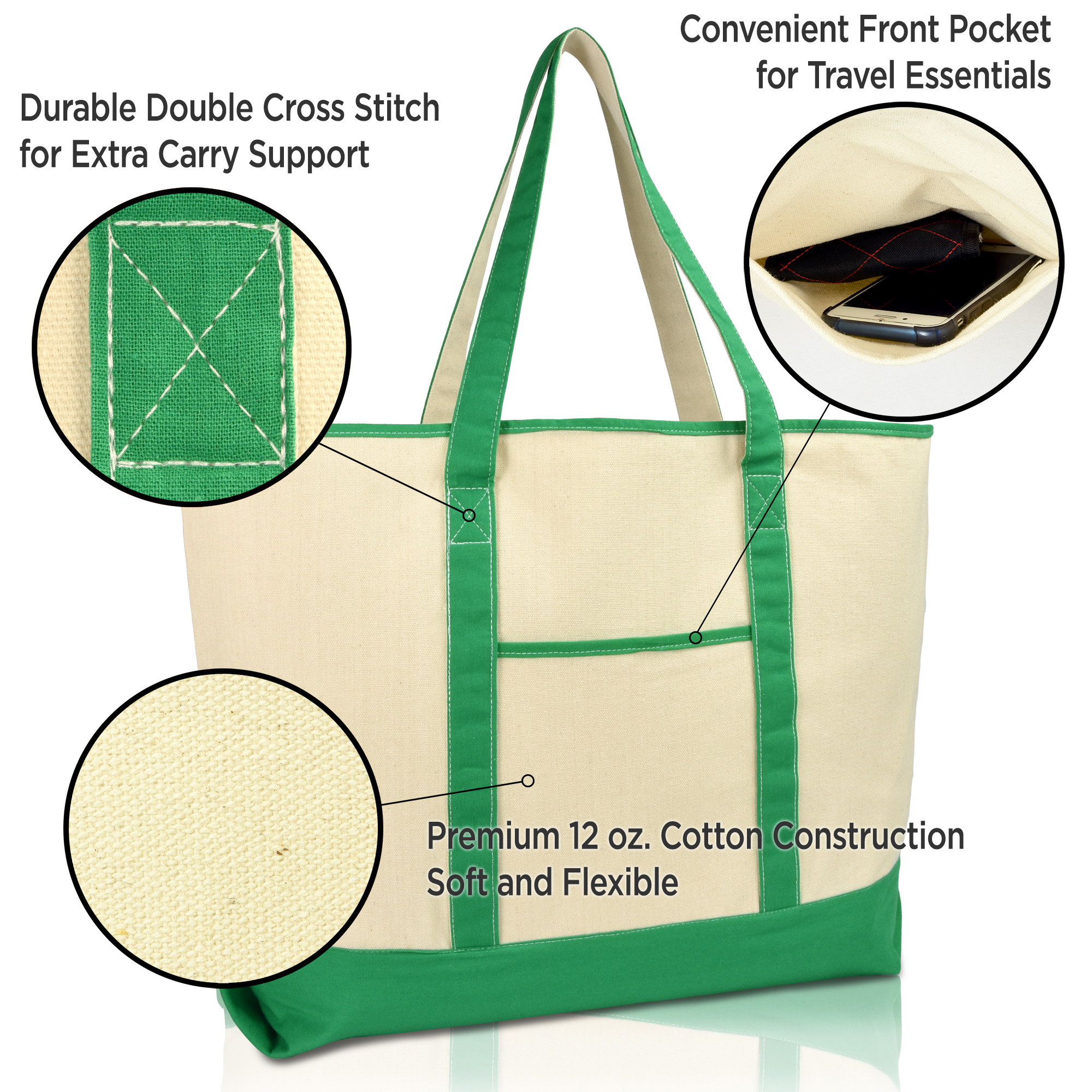 DALIX 22" Open Top Deluxe Tote Bag with Outer Pocket in Dark Green - image 4 of 5