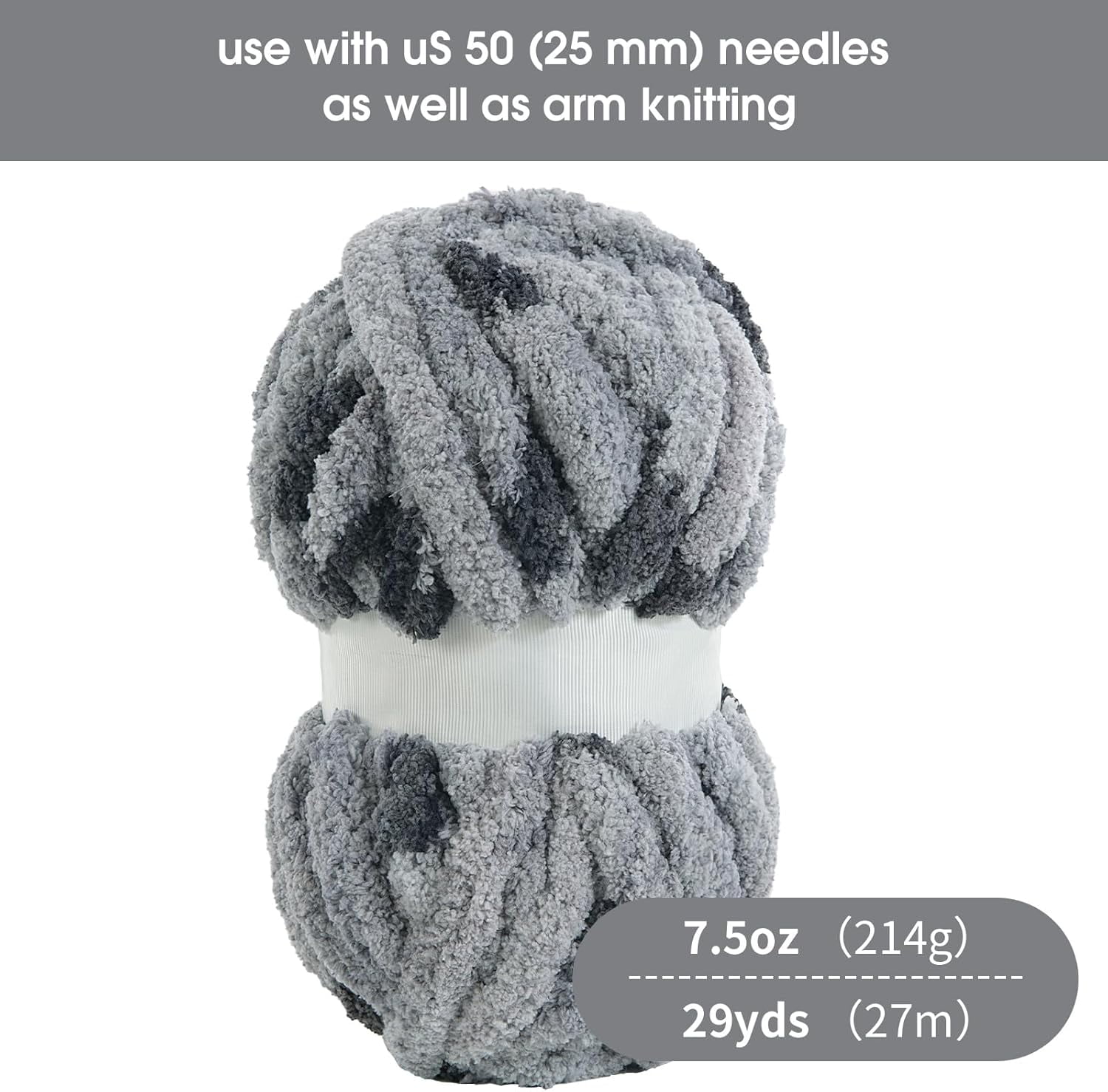 Super Bulky Giant Yarn - Chunky Chenille for Hand & Arm Knitting, Crocheting - Fluffy Plus Thick Yarn - 8 Jumbo Skeins, Grey (29 yds, 7.5 oz Each)