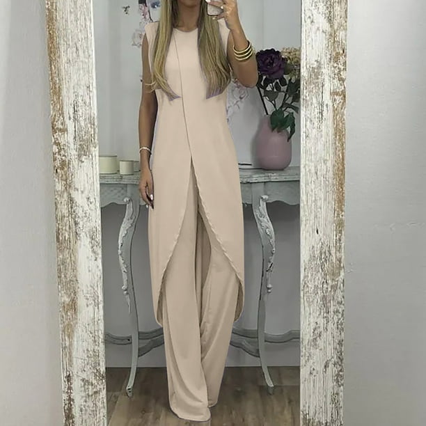 Msjuheg Two Piece Outfits For Women Fall Outfits 7 Colors Mature Women Suit Suit For Women Slit Sleeveless Loose Blouse Wide Leg Pants Set Slacks For