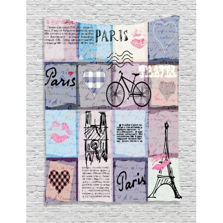 Paris Themed Bedroom For Teenagers Paris Tapestry, Grunge Textured Retro Collage of Paris with Famous Object Eiffel Tower Europe Theme, Wall Hanging for Bedroom Living Room Dorm Decor, Multicolor, by Ambesonne ()