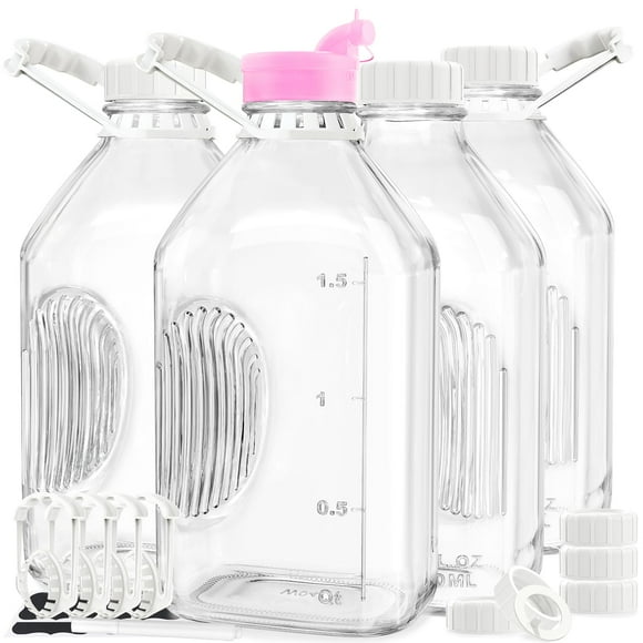 1/2 Gal Bouteille de Lait en Verre Robuste avec Couvercle Hermétique Réutilisable - 2 Qt Bouteilles d'Eau en Verre - Bouteilles en Verre avec 8 Couvercles et 8 Poignées! - Pichet de Lait en Verre