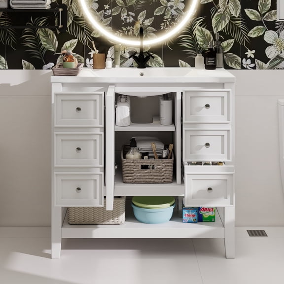 36" Bathroom Vanity with Sink, One Cabinet and Three Drawers, Solid Wood and MDF Board, White