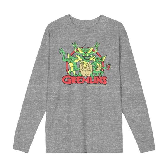 Gremlins Red Circle Logo Adult Heather Gray Crew Neck Long Sleeve Tee-Small