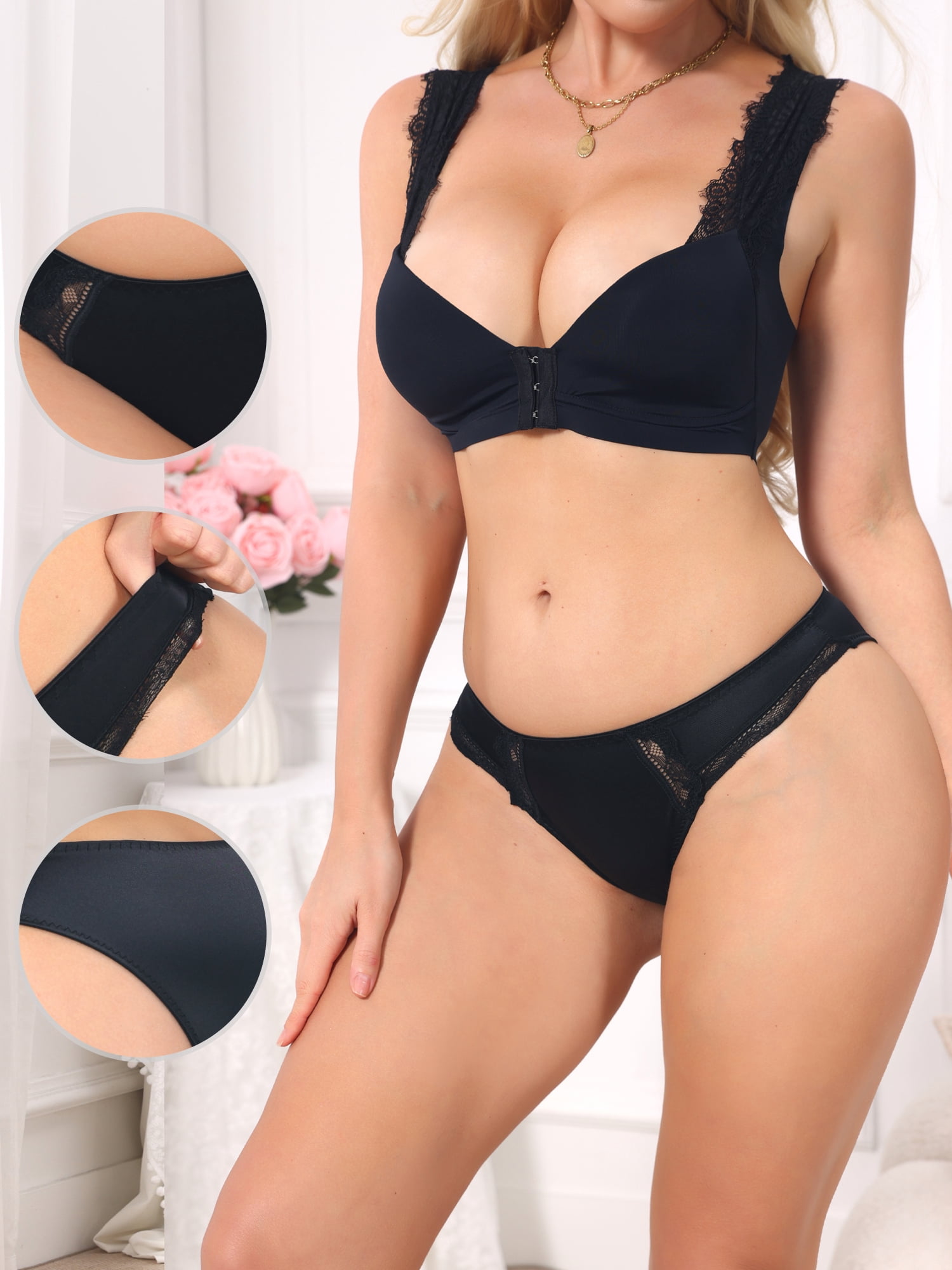 DARING DIVA Women's Lace Low Rise Bikini Underwear Breathable No Show Satin Briefs S Black