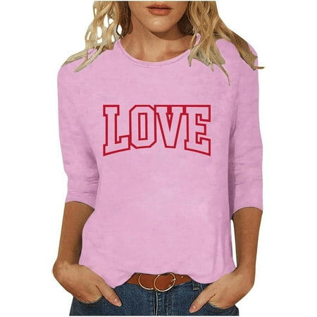 ZHOUCHANKIDS Women s Valentine s Day T-Shirts Fashion Casual Short Sleeve V Neck Blouse Top With Heart Print For Valentine s Day And Everyday Wear Pink S