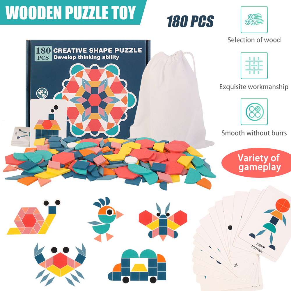 Puzzle Games For Kids 180 Pcs Wooden Pattern Blocks Tangram Set ...