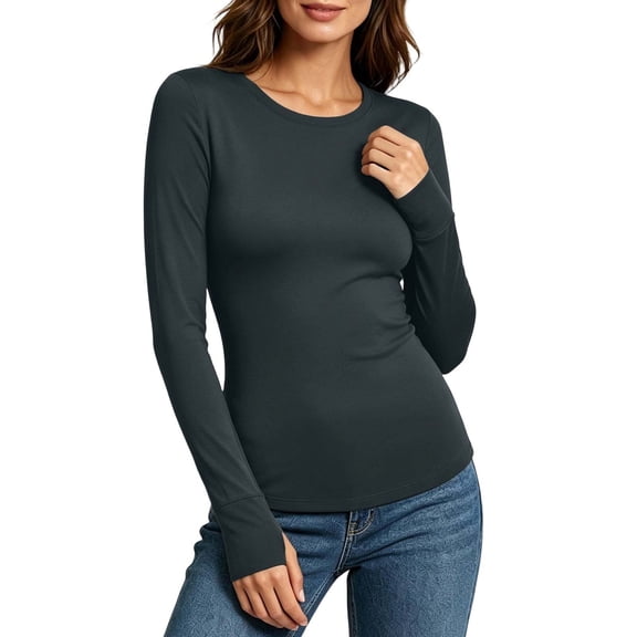 Auralook Women Round Neck Long Sleeve Thermal Tops Ladies Base Layer Undershirt for Winter Cold Weather with Thumb Holes