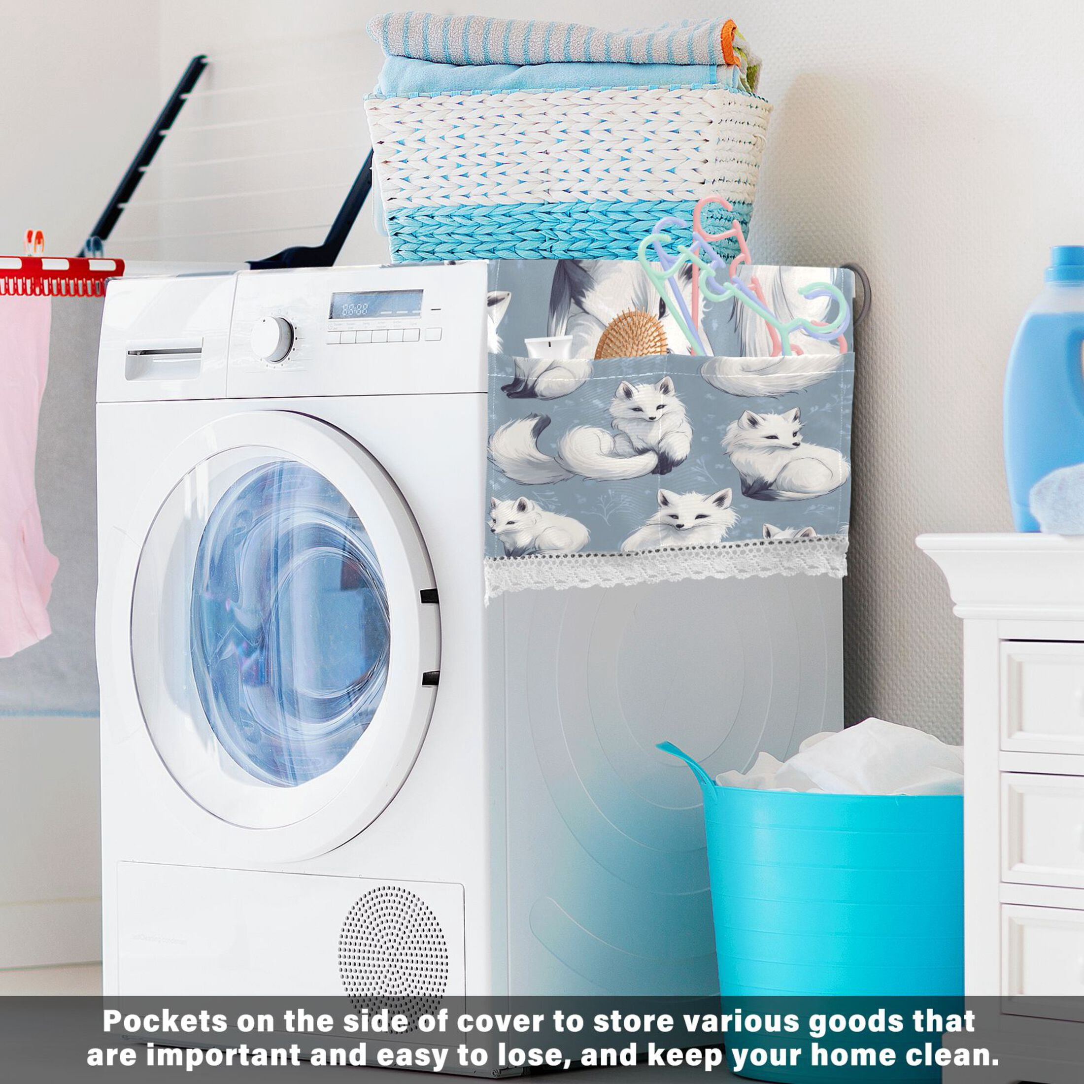 Cute FoxWasher and Dryer Covers Dust-Proof and Oil Resistant Fridge Cover with 4 Storage Pockets Washing Machine Top Cover for Laundry Kitchen Home 51.2 x 22 In