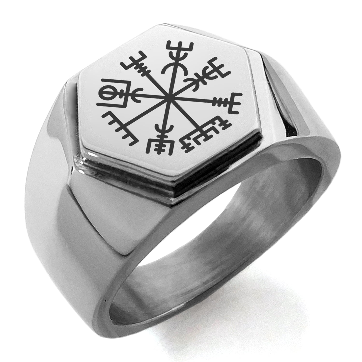 Stainless Steel Vegvisir Viking Compass Engraved Hexagon Crest Flat Top
