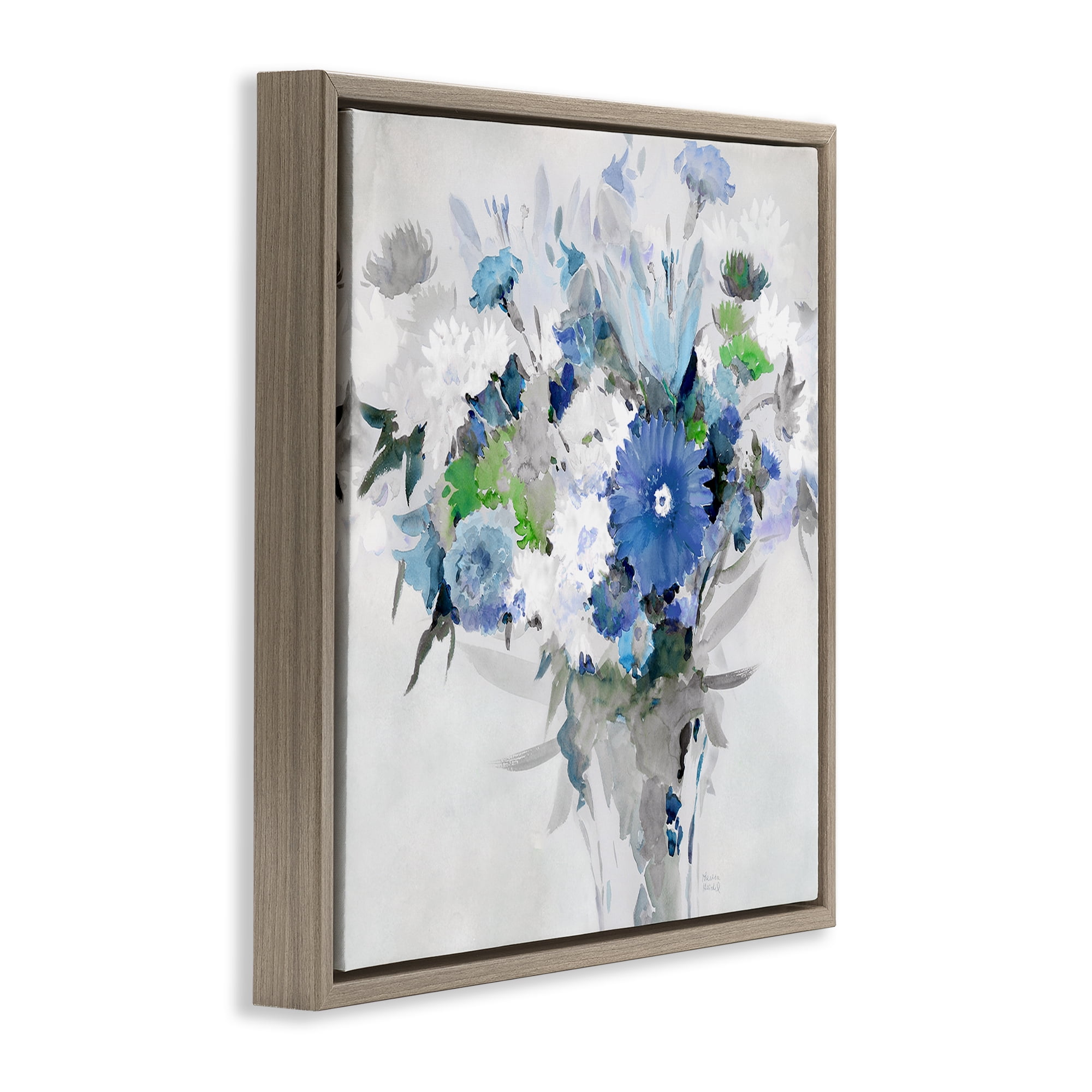 Stupell Industries Bustling Blue Bouquet Plants & Flowers Painting Brown Floater Framed Canvas Art Print Wall Art, 25 x 25