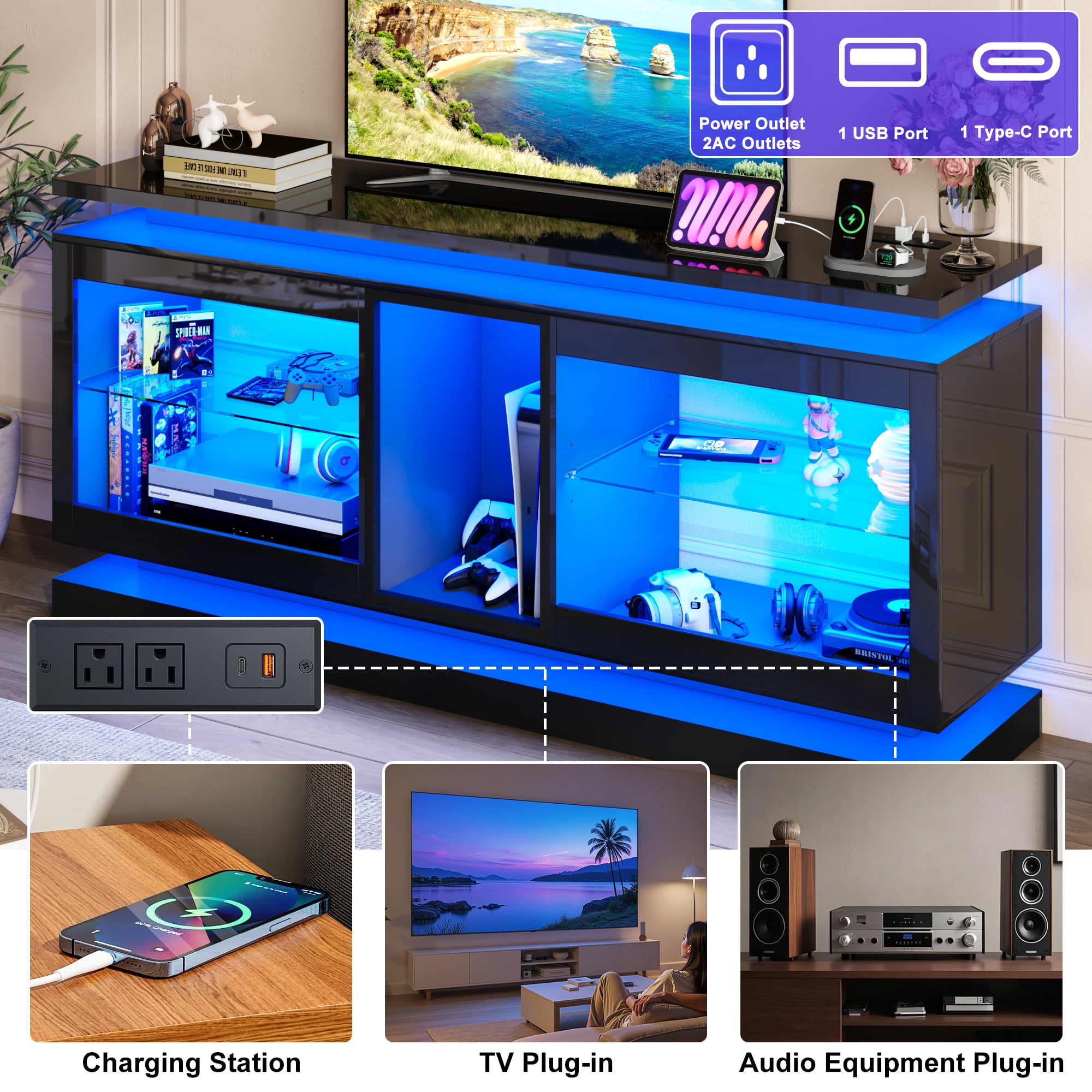 ChVans LED TV Stand for 70/75/80 Inch TVs, Modern Entertainment Center High Gloss Large TV Stand with Adjustable Shelves, Gaming TV Console with Power Outlets, Black