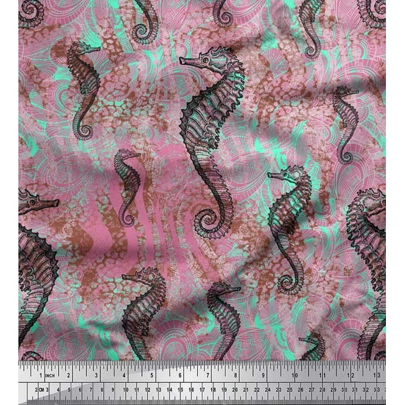Soimoi Japan Crepe Satin Fabric Texture & Sea Horse Ocean Print Sewing Fabric Yard 42 Inch Wide