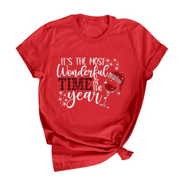 Gibobby Camisas de Navidad para mujer Camiseta de manga corta con cuello redondo y estampado de Navidad para mujer(Rojo,G)