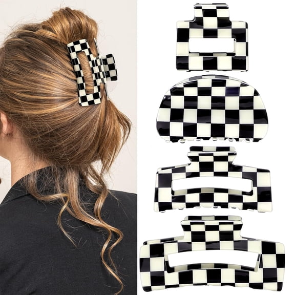 4 Pcs Checkered Hair Claw Clips Square Non Slip Jaw Hair Clamps Thick Thin Hair Accessories for Women Black White