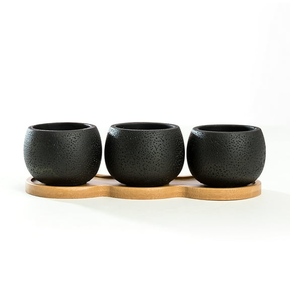Mini Round Cement Plant Pots with Bamboo Saucer, Set of 3 pots, Color Black