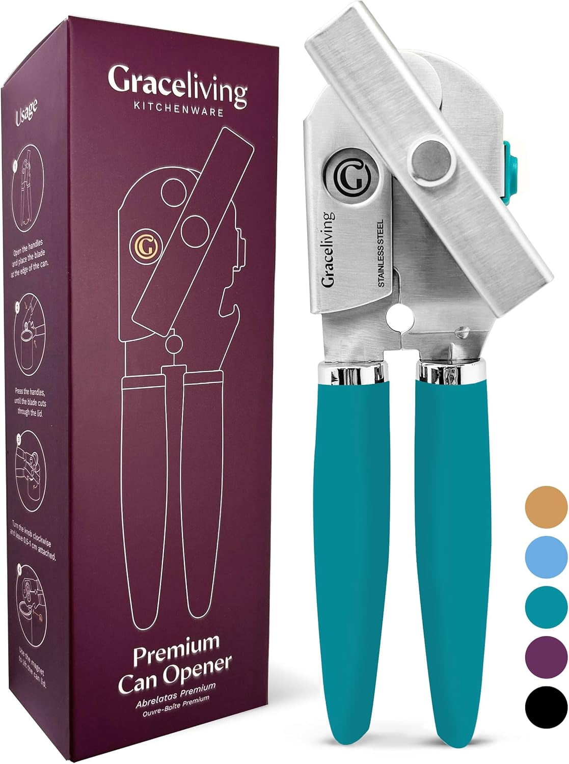 RGHJAR-Premium Multifunctional Magnetic Manual Can Opener and Bottle Opener, Heavy Duty Stainless Steel Sharp Cutting Blade and Oversized Easy Turn Knob, Soft-Touch Handle, Kitchen Use, Teal