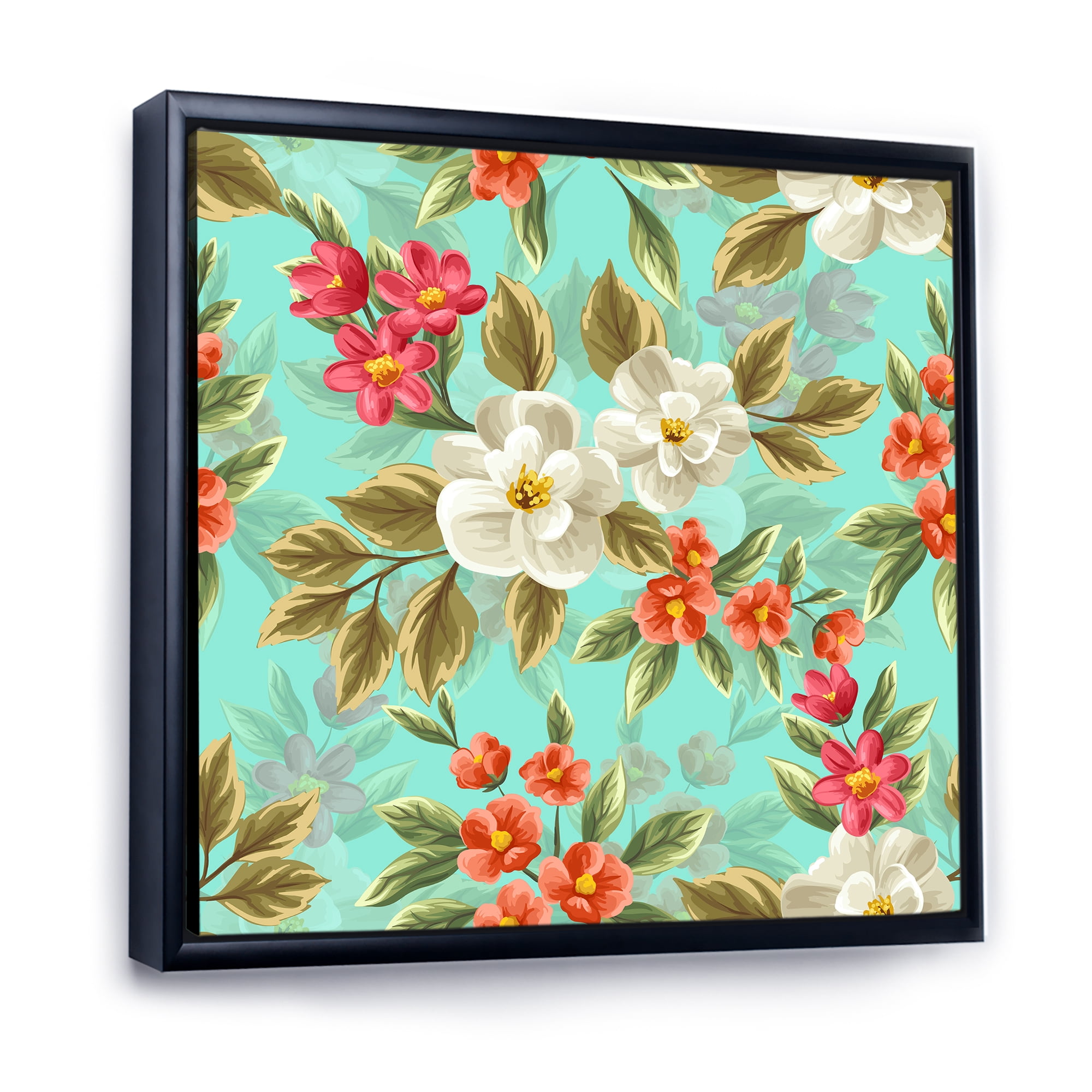 Designart 'Red and White Floral Seamless Pattern' Traditional Framed Canvas Wall Art Print