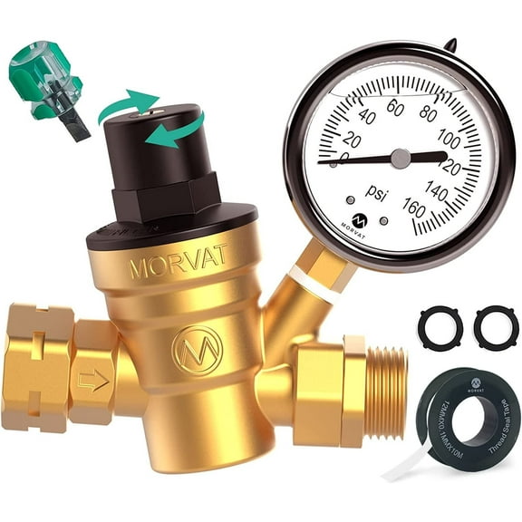 Morvat Brass Adjustable Lead-Free Brass RV Water Pressure Regulator with Oil Gauge