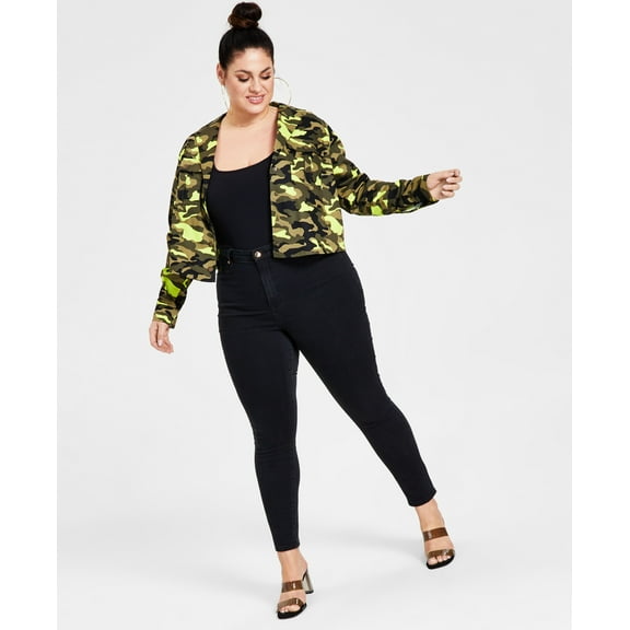 Trendy Plus Size Cotton Camo Cargo Jacket Neon Camo Print 1X