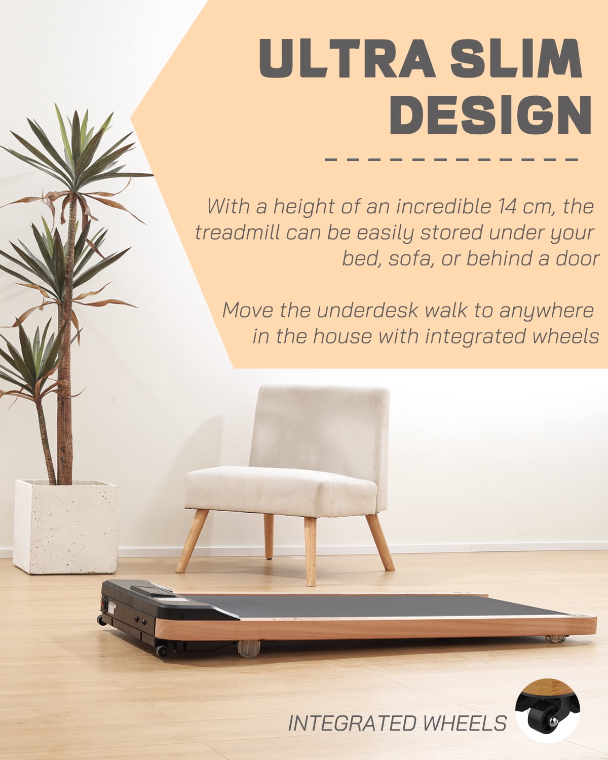 Maksone 2.25HP Installation-Free Under Desk Natural Wood Treadmill with Remote Control