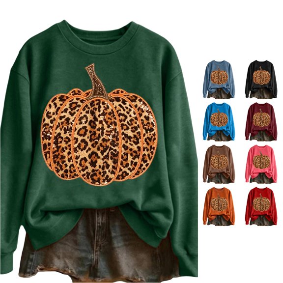 Halloween Leopard Print Pumpkin Graphic Pullover Crew Neck Long Sleeve Casual Sweatshirt Cozy Fall Winter Layering Top for Women 3XL