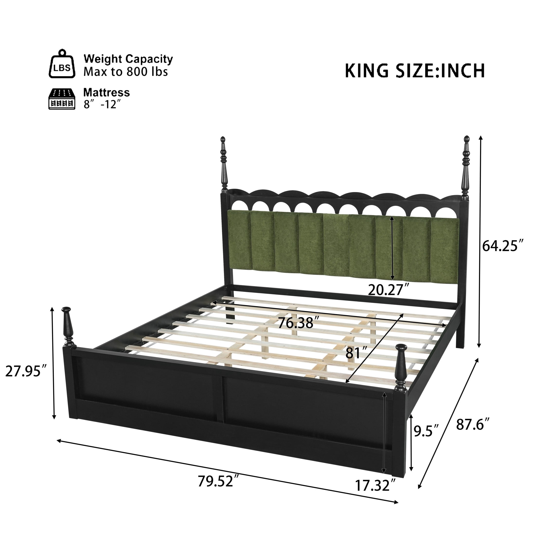 Christopher Knight Home King Wood Bed Frame with Scalloped Tufted Chenille Headboard, Black+Green