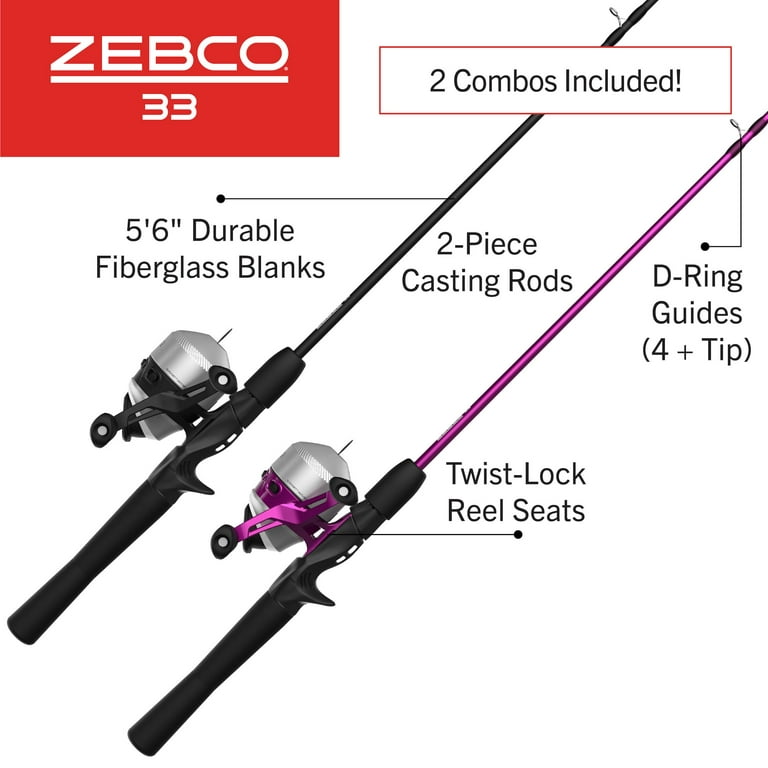 Zebco 33 Spincast Reel and Fishing Rod Combos (2-Pack), 5-Foot 6-Inch  2-Piece Fiberglass Rods with EVA Handle, QuickSet Anti-Reverse Fishing  Reels with Bite Alert, 1-Pink, 1-Black 