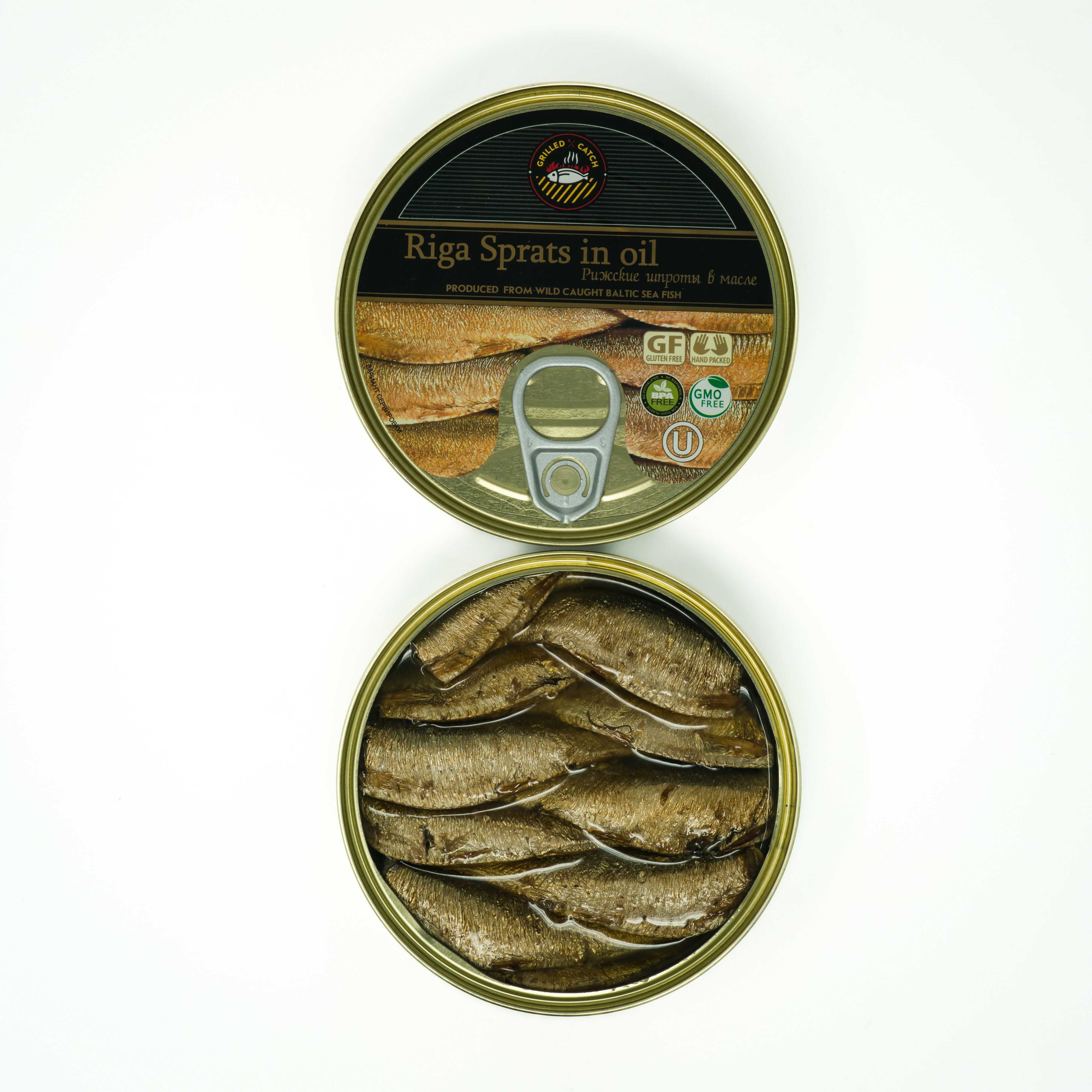 Grilled Catch Brisling Sardines Smoked in Oil, Riga Sprats 5.6 oz (Pack of 12)