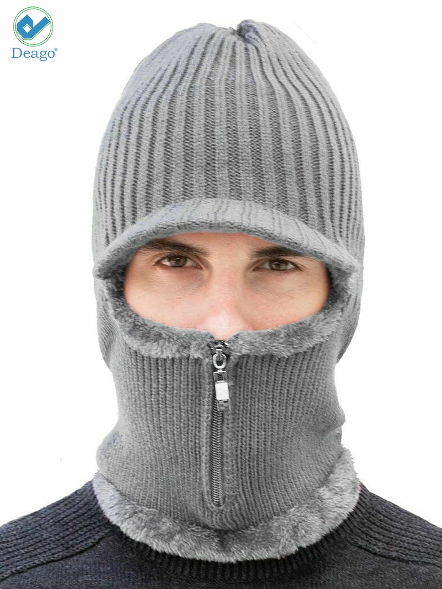 Deago Men Winter Knitted Balaclava Beanie Hat Scarf Set Warm Cycling Ski Mask Neck Warmer with Thick Fleece Lined Zipper Winter Hat & Scarf (Gray) - image 2 of 8