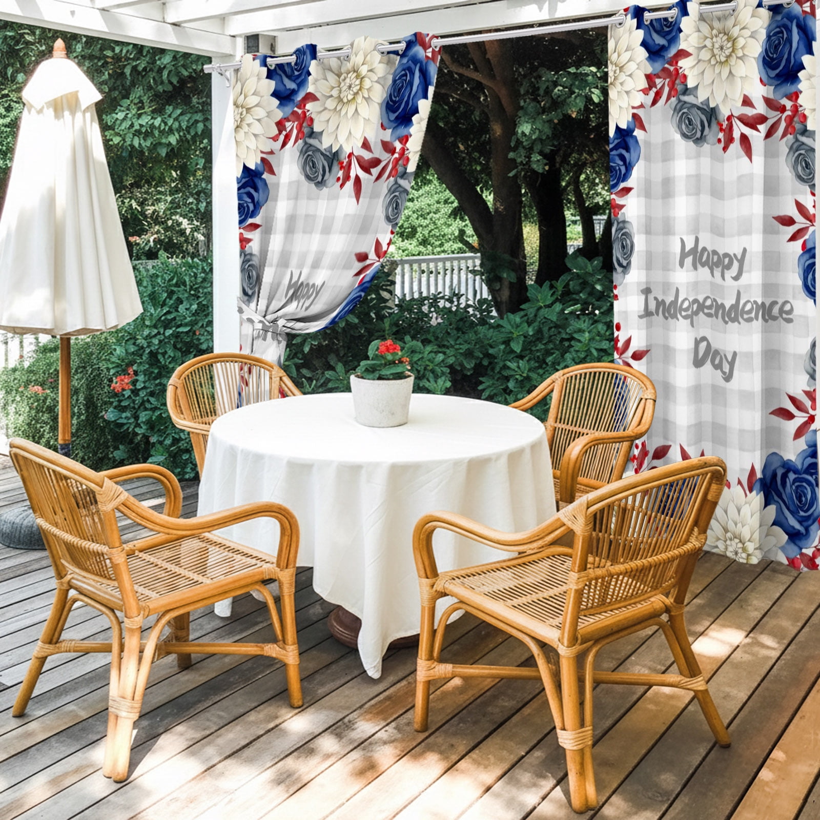 Happy Independence Day Outdoor Curtains for Patio, Red Blue Rose Dahlia Floral Plaid Sunshade Privacy Drapes Grommet Waterproof Outside Curtains for Porch/Cabana/Balcony 54"x 84", 1 Panel