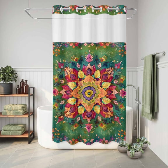 No Hook Shower Curtain Boho Floral Waterproof Fabric Shower Curtain Red Green Pattern Hotel Style Bathroom Curtain with See Through Top Window Machine Washable 36x72in