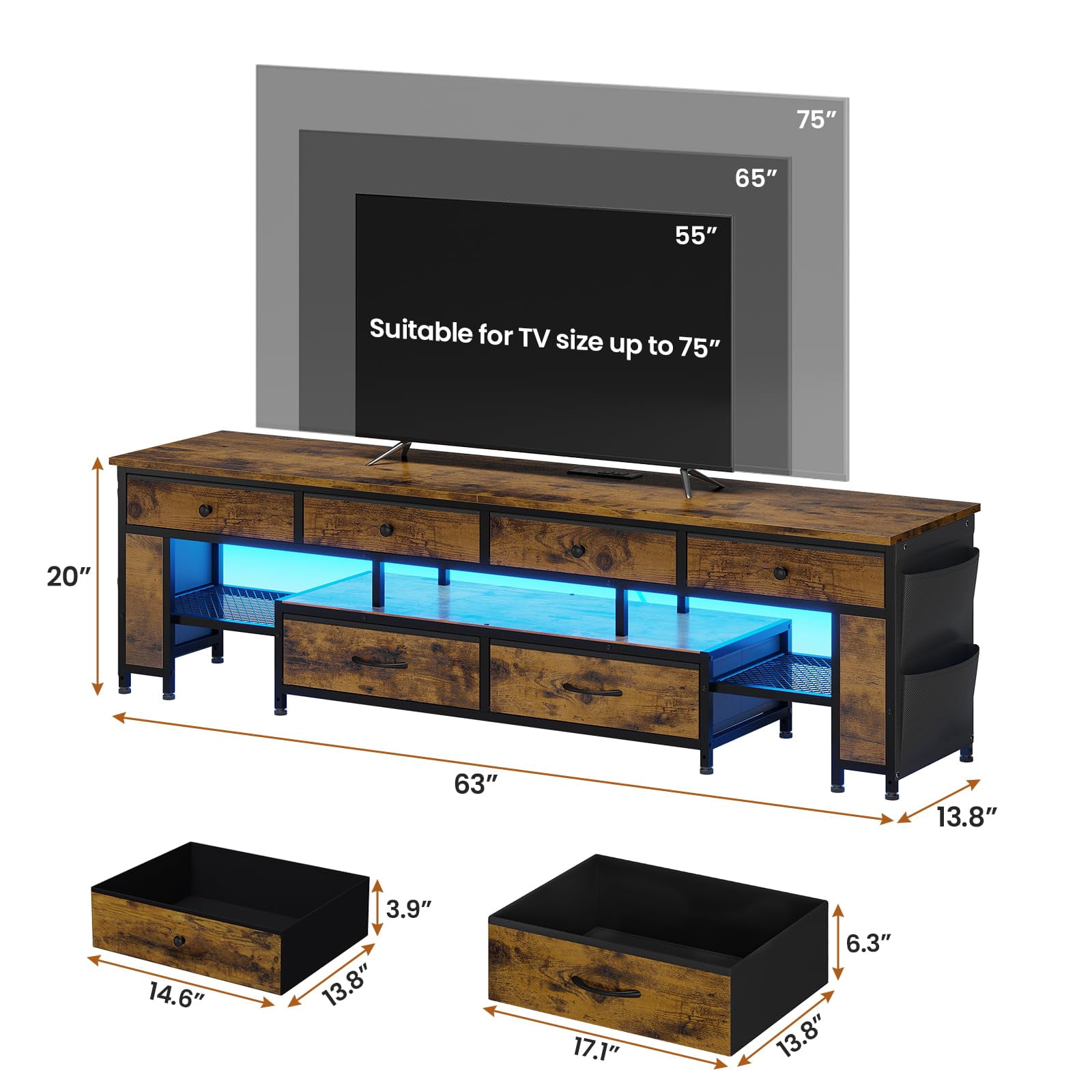 63" TV Stand for 65/70/75 Inch TV,with 6 Drawers & 4 Side Storage Bags & Shelves,, Entertainment Center with Led Light and Power Outlets,Brown
