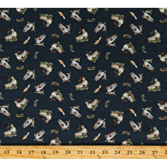 Cotton Fish Fishing Lures Trout Bass Northwoods Back Country Light Navy Cotton Fabric Print by the Yard (Y3859-93LIGHTNAVY)