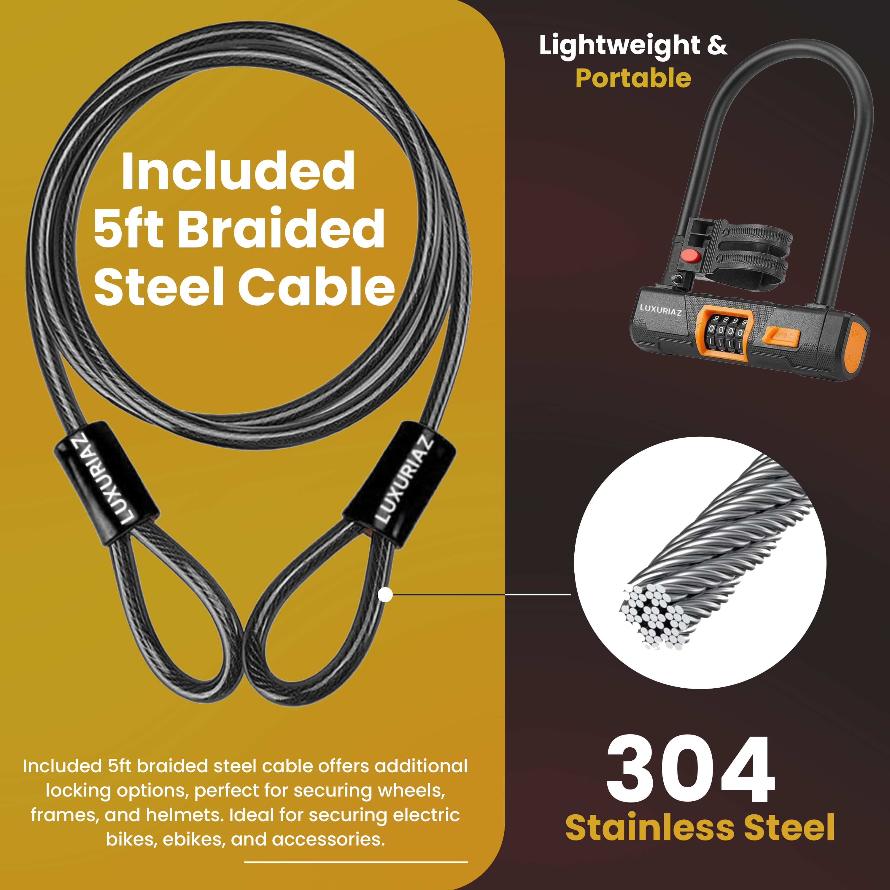 Luxuriaz, Bike U-Lock, 4-Digit Resettable Combination with 5ft