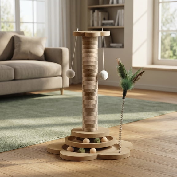 GS Vane Room Decoration Sisal 8 In Cat Tree with Hanging Balls & Feather Wand, Beige