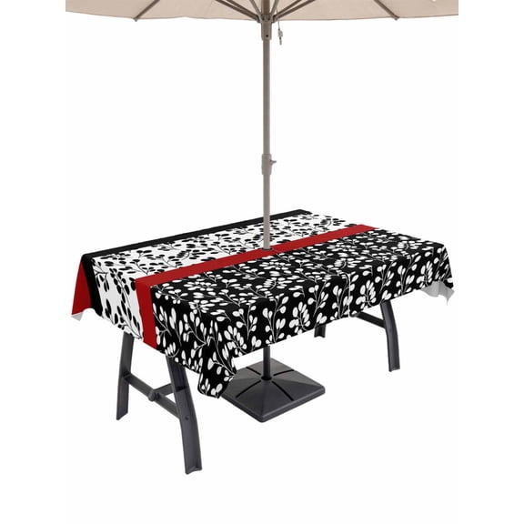 54x80 Inch Outdoor Tablecloth with Umbrella Hole Zipper Rectangle Black Red Rectangular Tablecloths Outside Waterproof Garden Floral Stripe Aesthetic Flower Boho Patio Table Cover for Picnic Party