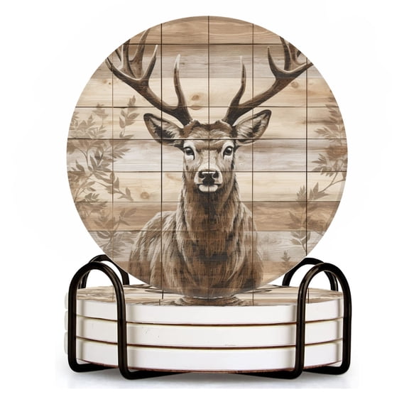 BaHomeck Drink Coasters Set of 4 with Holder wooden wall with deer of vector drawing Water Absorbent Ceramic Coasters Tabletop Protection,Suitable for Various Cup ,Home Decor