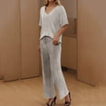 thumbnail image 3 of Women's 2 Piece Lounge Set V Neck Shirts Wide Leg Pants Summer Matching Sets Travel Outfits Shiny Ribbed Knit Tracksuit, 3 of 5