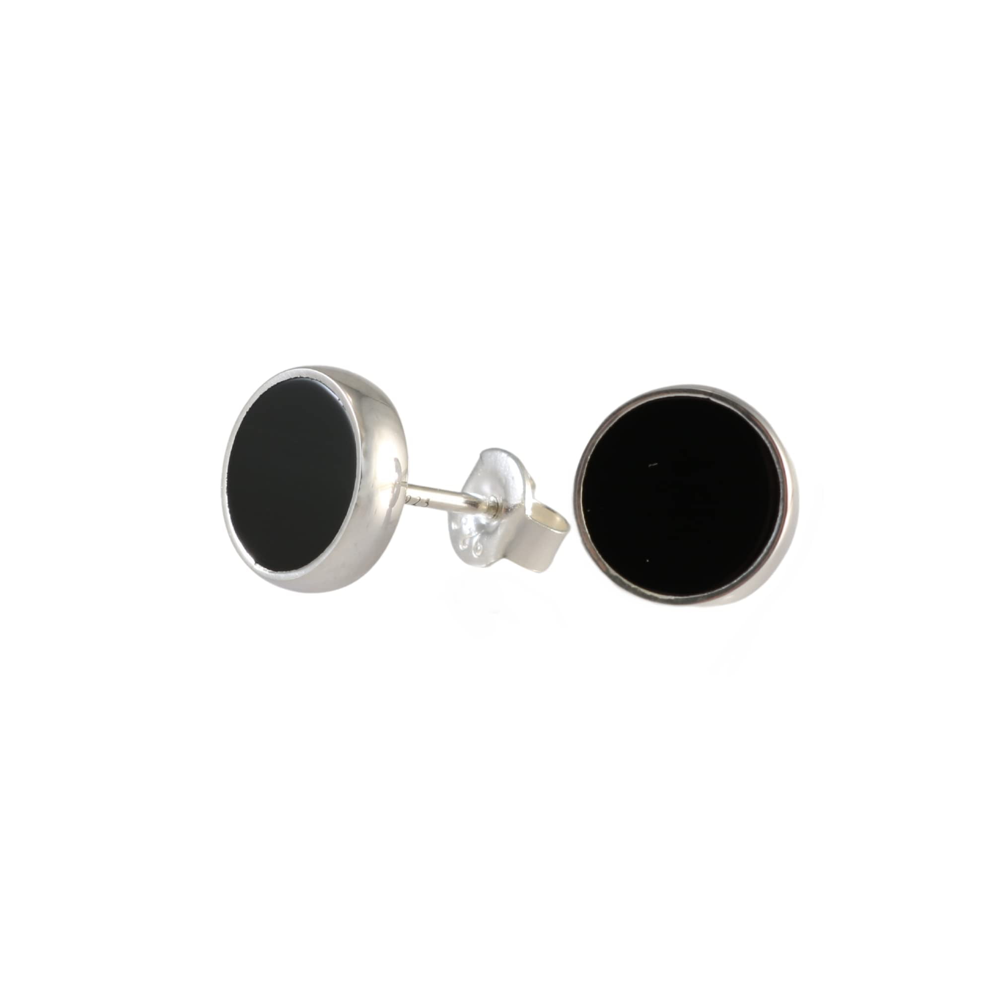 Echmeck Solid 925 Sterling Silver Black Flat Onyx Handmade Stud Earrings for Women Men - 9mm