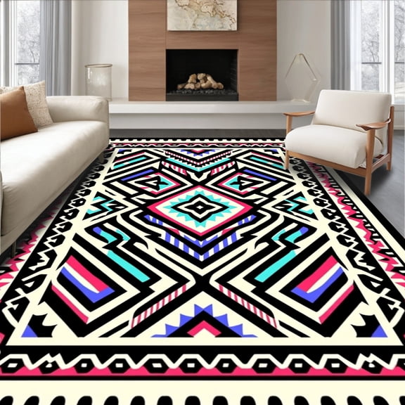 ODIKA 4'x6' Machine Washable Non-Slip Area Rug, Bold Aztec Design with High Traffic Rug, Black, 462980