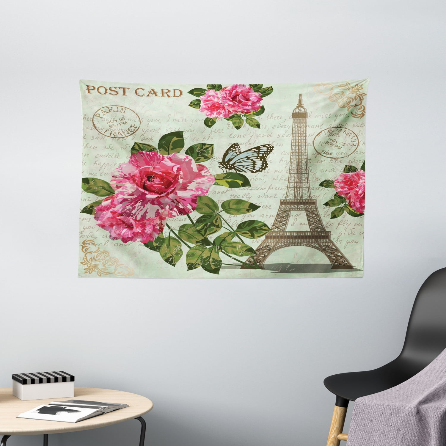 Paris Tapestry, Shabby Chic Romantic Roses Flowers Leaves with Eiffel ...