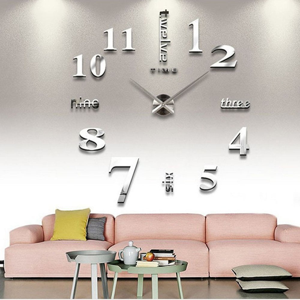 Moksha DIY Frameless Large Wall Clock 3D Sticker Modern Mute Mirror Surface Home Office Decoration Gift, Silver