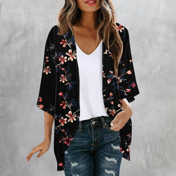 Sakmal Casual Winter Coats for Women Plus Size Blue Elbow-Length Lightweight Floral Chiffon Cardigan Loose Fit Flowy Jackets for Girls