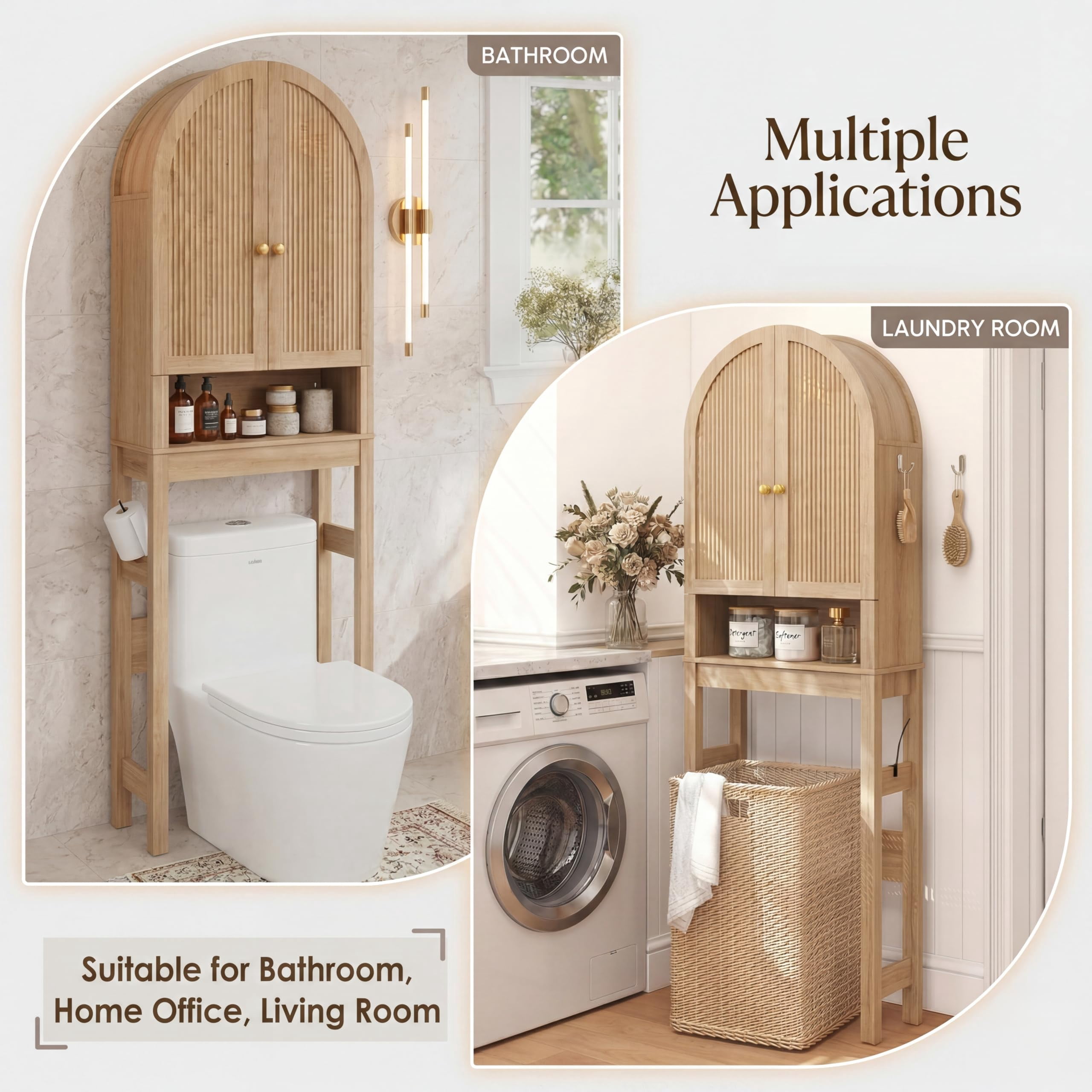HMstone Over The Toilet Storage Cabinet, 23.7’’W Bathroom Storage Shelf Organizer with Doors, Freestanding Above The Toilet Storage Cabinet with Adjustable Shelf for Bathroom, Natural