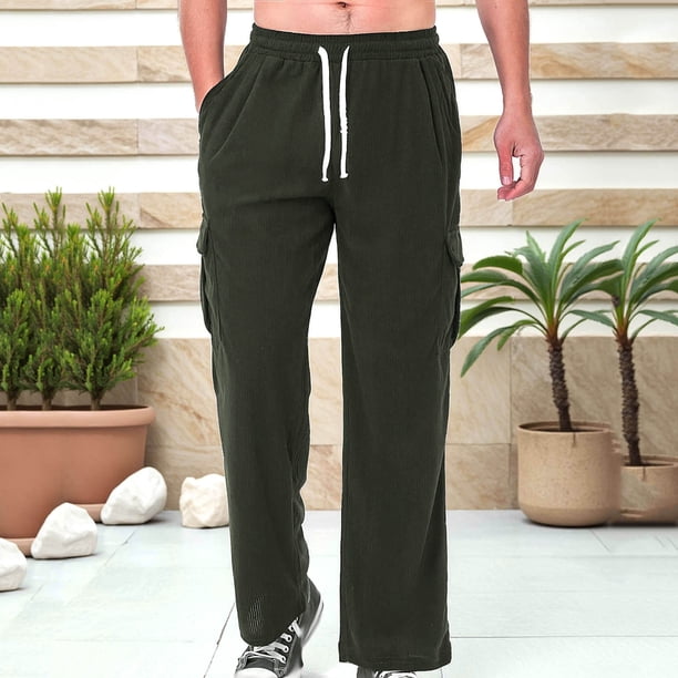 Pantalones largos para hombre, informales, holgados, ventilados, con bolsillos y cordón, para ejercicio al aire libre, rectos, de poliéster.