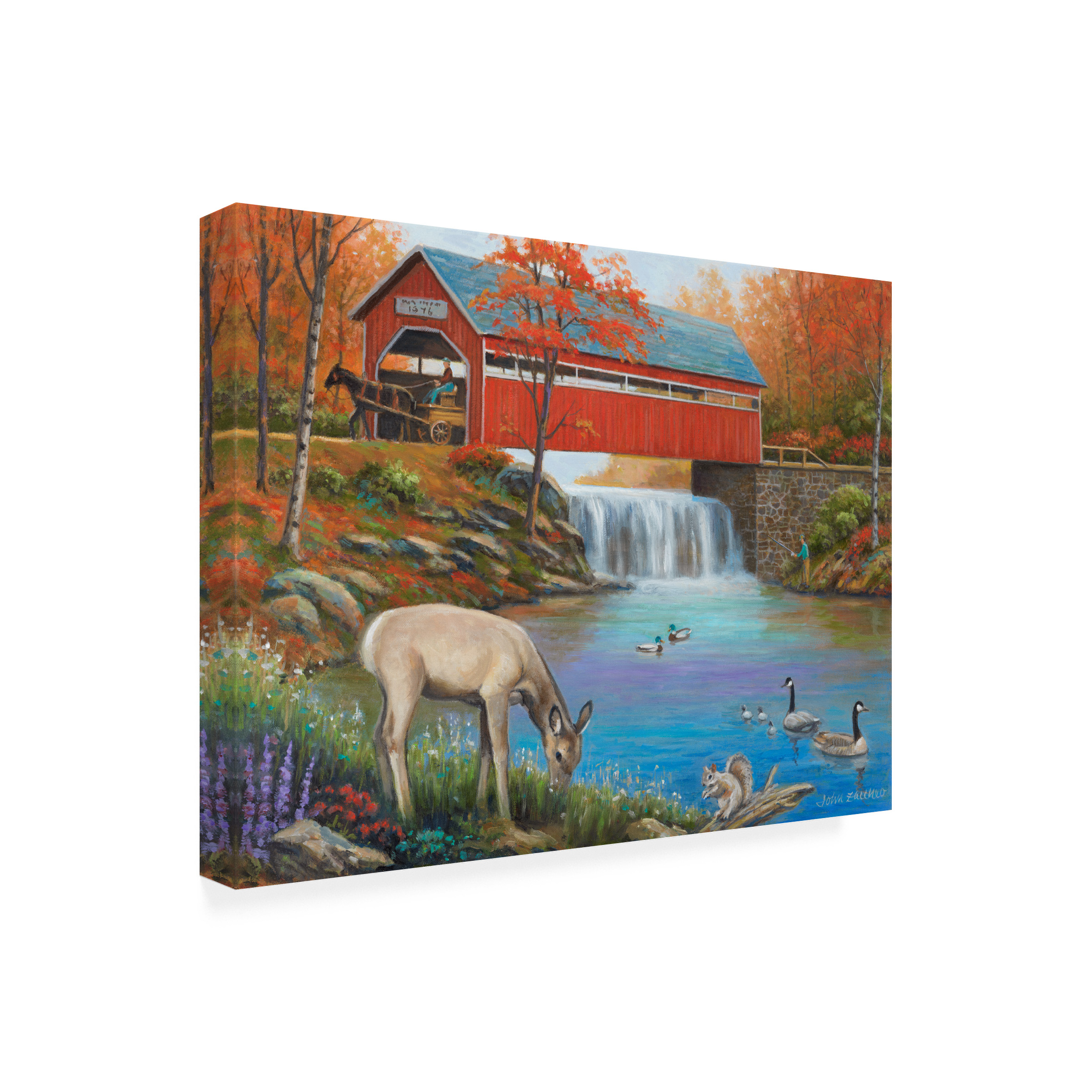 Canvas Wall Art - John Zaccheo 'Life by the Covered Bridge' Wall Art for Living Room, Bedroom, or Office DÃ©cor by Trademark Fine Art - 32 x 32 Inches